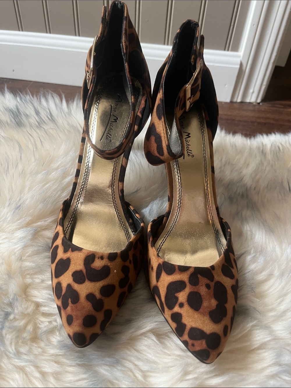 Ann Michell Leopard-Print Pointed Ankle-Strap Heels in Brown and Black